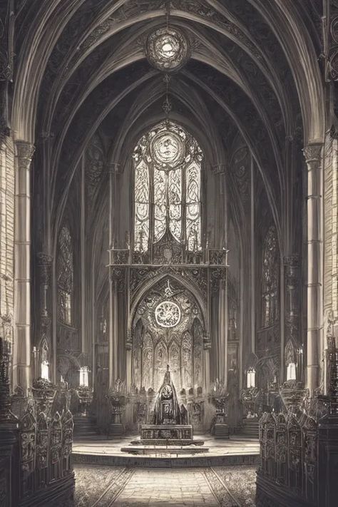 The image is a black and white drawing of a Gothic cathedral. The cathedral is dark and mysterious, with a high vaulted ceiling and stained glass windows. The floor is covered in cobblestones, and there are candles burning on the altar. A large organ is located in the back of the cathedral. Gothic Organ, Gothic Stained Glass Windows, Gothic Ceiling, Gothic Altar, Room References, Cathedral Interior, Candles Burning, Dark And Mysterious, Inside Art