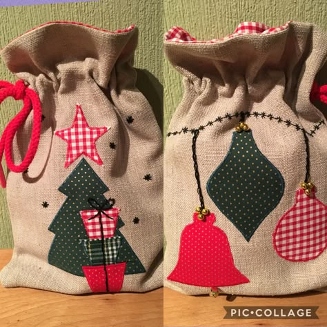 Christmas Bags Diy, Christmas Decorations Sewing, Christmas Table Toppers, Christmas Advent Calendar Diy, Christmas Sewing Projects, Pillow Crafts, Gift Wrapping Inspiration, Fabric Gift Wrap, Christmas Sack