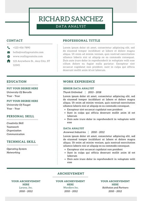 Ready to take your data analysis career to the next level? Dive into our Clean White Green Grey Data Analyst Resume CV! Let your expertise shine through in a sleek and professional format. Join the ranks of top analysts today! Data Analyst, Data Analysis, Cv Template, Green And Grey, Template Design, Grey, Green