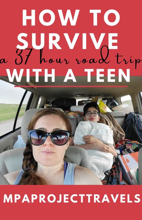 A photo of a mother and teen in a packed car on a road trip. The teen is holding a white pillow. The Mom is wearing dark sunglasses. Teen Road Trip Activities, Road Trip Hacks For Teens, Long Road Trip Essentials For Teens, Road Trip Activities For Teens, Long Road Trip Hacks, Road Trip Essentials For Teens, Road Trip With Teens, Long Road Trip Essentials, Montreal Trip