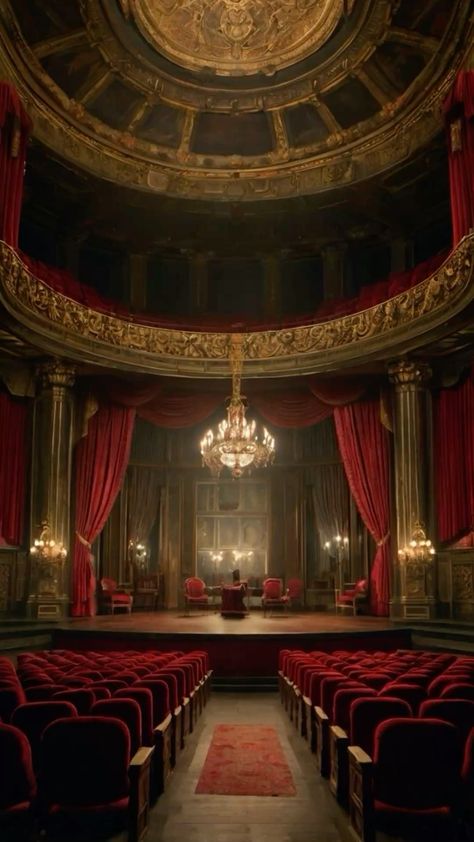 Royal Theatre Aesthetic, Theater Stage Design Ideas, Old Theater Stage, Chandelier Phantom Of The Opera, Play Aesthetic Stage, 1940s Theatre, Theater Aesthetic Stage, Theatre Aesthetic Stage, Musical Theater Wallpaper