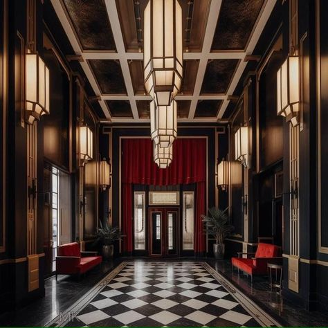 Art Deco Interior Apartment, Art Deco Lobby Design, Art Deco Penthouse, Roaring 20s Interior Design, Dark Art Deco Interior, Gaudy Decor, Black Luxury Interior, Fancy Hotel Lobby, Art Deco Restaurant Interior