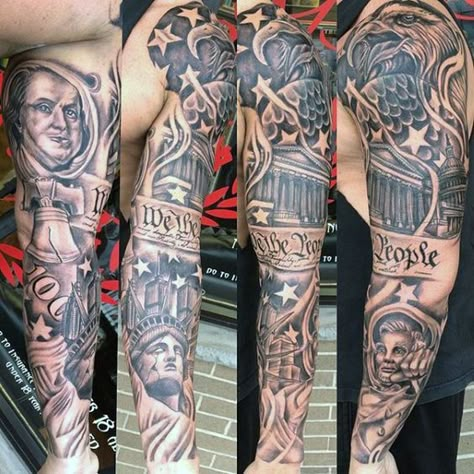 Mens We The People American Themed Patriotic Full Sleeve Tattoos Military Sleeve Tattoo, American Flag Sleeve Tattoo, Men With Tattoos, People Tattoo, Patriotic Tattoos, Sanskrit Tattoo, Usa Tattoo, Traditional Sleeve, Tattoos Men