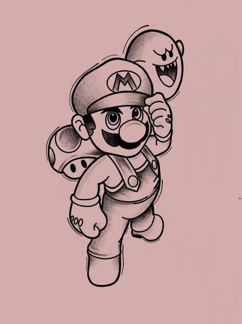 Mario Bro Drawing, Mario Tattoo Stencil, Mario Drawing Sketch, Super Mario Tattoo Design, Super Mario Sketch, Mario Tattoo Design, Mario Tattoo Ideas, Mario Tattoos, Drawing Mario