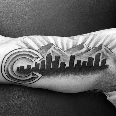 Inner Arm Bicep Shaded Black And Grey Denver Skyline Tattoo Designs For Guys Colorado C Tattoo, Denver Colorado Tattoo Ideas, Denver Skyline Tattoo, Denver Tattoo Ideas, Colorado Mountains Tattoo, Colorado Tattoo Ideas, Colorado Tattoos, Denver Tattoo, Michigan Tattoos