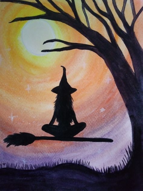 Witch Painting Acrylic, Witch Silhouette Painting, Step By Step Painting Halloween, Fall Painting Ideas On Canvas Easy, Easy Witchy Paintings, Spooky Watercolor Art, Halloween Diy Painting, Witchy Art Painting, Witch Painting Ideas