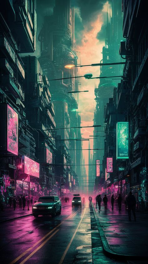 Dystopian Wallpaper, Dystopian City, Cyberpunk Wallpaper, Cyberpunk Cityscape, Futuristic Designs, Flying Vehicles, Light Trails, Beautiful Pics, Neon Art