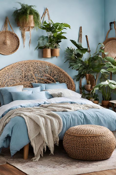 Light blue bedroom, boho-chic design, rattan headboard, plants Sky Blue Boho Bedroom, Boho Bedroom Blue Accents, Green And Blue Boho Bedroom, Sky Blue Bedroom Decor, Boho Bedroom Light Blue Walls, Serene Bedroom Decor, Boho Bedroom Blue Walls, Blue Eclectic Bedroom, Blue And Green Rooms