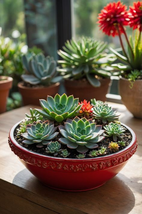 a large bowl with succulents Succulents In Baskets, Outdoor Succulent Planter, Succulent Planter Ideas, Cactus Arrangements, Garden Setup, Mini Succulent Garden, Driftwood Planters, Unusual Planter, Cactus Arrangement