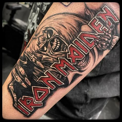 Iron Maiden Tattoo Ideas, Dave Tattoo, Name Tattoo Placements, Maiden Tattoo, Metal Tattoos, Last Name Tattoos, Iron Maiden Tattoo, Name Tattoos On Arm, Band Tattoos