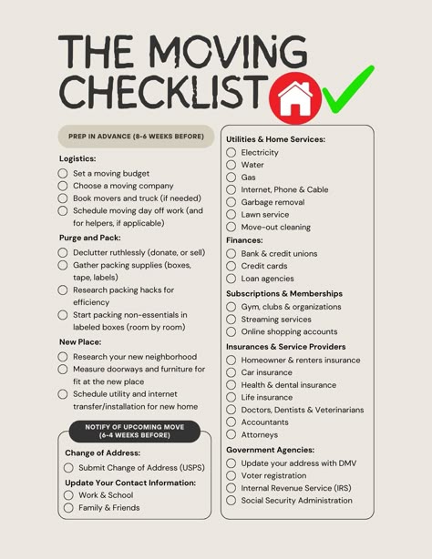 Make moving homes less stressful with my moving checklist. Moving Lists Things To Do, Ultimate Moving Checklist, Quick Moving Tips Packing, Preparing To Move Out, Move Out List, How To Pack Up A House For Moving, Moving Checklist Things To Do, Moving In Checklist, Moving Gift Ideas