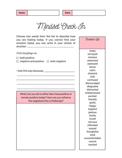 * M i n d s e t * M a t t e r s * This Mindset Check In worksheet has been designed so that you can implement a growth mindset approach to learning in your classroom with ease. Simply print and go! Use over and over, daily or weekly, to encourage students to identify their feelings, categorize their emotion and make a plan for how to improve their outlook. Daily Mental Check In, Wellness Check In, Monday Check In, Therapy Check In Worksheet, Growth Mindset Activities For Adults, Daily Check In, Therapy Check In, Growth Mindset Worksheet, Mindset Worksheet