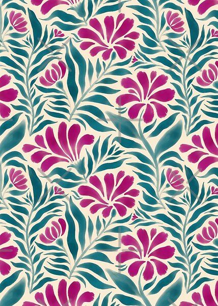 Beautiful stylized Carnation pattern featuring fuchsia pink flower blooms and soft teal leaves on a cream beige background. Hand painted with digital watercolor & inspired by maximalist art nouveau style. Illustration & design by Miss Belle Maximalist Pattern, Carnation Pattern, Maximalist Art, Carnation Flower, Design Textile, Design Drawings, Art Nouveau Style, Fashion Design Drawings, Digital Watercolor