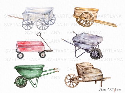 Farm Wagons, Wood Wagon, Garden Wagon, Landscape Clipart, Spices Packaging, Chocolate Logo, Wooden Cart, Rustic Watercolor, Christmas Landscape