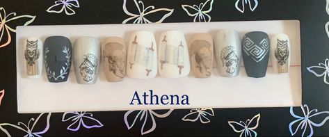 Short coffin; scrolls for wisdom, cameo with her helm, olive wreath, owls Greek Mythology Nail Art, Greek Mythology Nails, Olive Wreath, Nail Drawing, Short Coffin, Nice Nails, Nail Art Designs Diy, Random Ideas, Greek Goddess