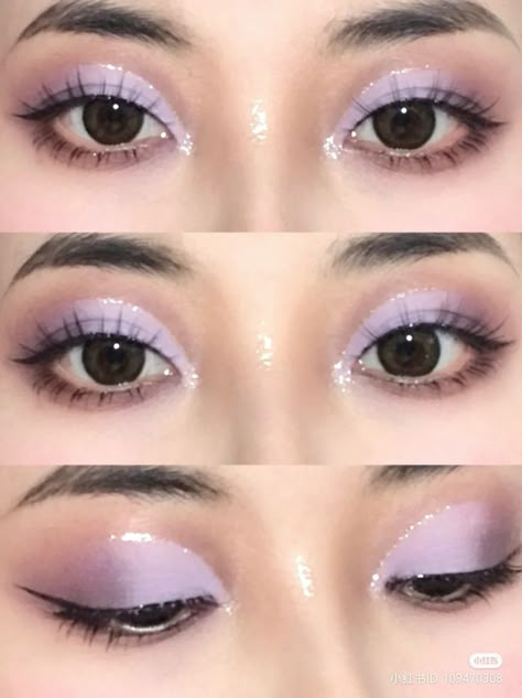 Aesthetic Eye Shadow Look, Everyday Purple Eyeshadow, Colored Fake Lashes, Pastel Purple Makeup, Purple Douyin Makeup, Light Purple Makeup Looks, Lilac Makeup Look, Eye Makeup For Small Eyes, Lilac Eye Makeup