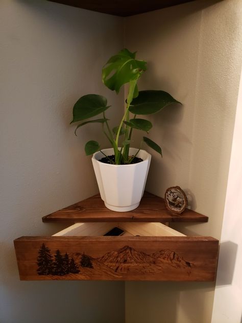 Wood Burning Shelves, Small Corner Shelf Ideas, Corner Shelf Diy, Corner Floating Shelf, Small Corner Shelves, Corner Shelf Ideas, Corner Drawers, Floating Corner Shelves, Tv Cabinet Design