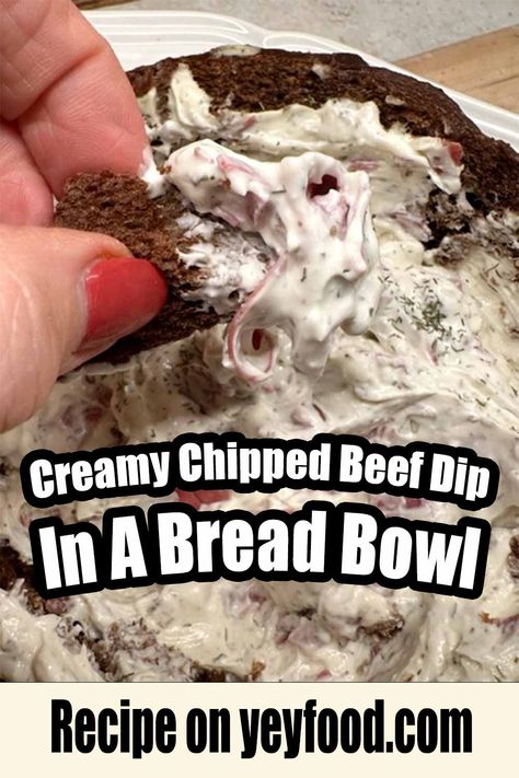 Enjoy This Creamy Chipped Beef Dip In A Bread Bowl - yeyfood.com Corned Beef Dip Bread Bowl, Chipped Beef Dip Recipe, Dried Beef Dip In Bread Bowl, Chipped Beef Dip Bread Bowl, Pumpernickel Bread Recipe Dip, Rye Bread Dip With Chipped Beef, Bread Bowl Dips Recipes, Bread Bowl Dip Recipes Appetizer Ideas, Chipped Beef Dip Cold