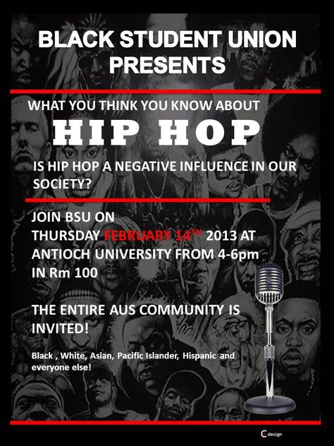 The Antioch University Seattle Black Student Union cordially invites you to participate in an exchange of culture and participate with a panel of thinkers.    Does hip hop have a negative influence in our society?    This is an open to all and delicious cuisine will be available during the event in room 100. History Quotes Funny, Black Student Union, College Event Ideas, Event Ideas Creative, Union University, Event Planning Organization, College Event, Meeting Ideas, Nasa History