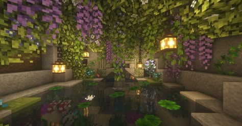 Cave Farm Minecraft, Aesthetic Minecraft Cave House, Aesthetic Underground Minecraft House, Cave Aesthetic Minecraft, Minecraft Hananacraft, Minecraft Cave Aesthetic, Goblincore Minecraft, Minecraft Scenery, Pretty Minecraft