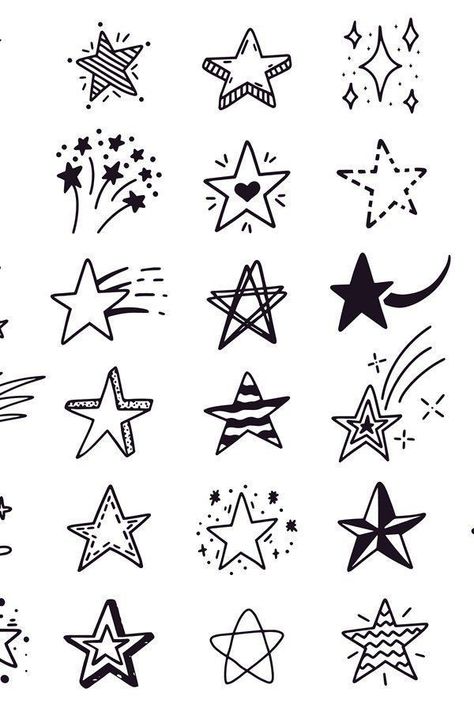 Star Hand Drawn, Different Stars Drawing, Different Ways To Draw Stars, Star Drawing Tattoo, Star Cartoon Drawing, Star Doodles Aesthetic, Stars Drawing Doodles, How To Draw Stars, Cute Star Drawing