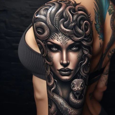 Jungle Back Tattoo, Medusa Shoulder Tattoo, Realistic Medusa Tattoo, Beautiful Medusa Tattoo, Dark Medusa Tattoo, Egyptian Queen Tattoos, Trippy Tattoo Ideas, Tattoo Medusa, Athena Tattoo