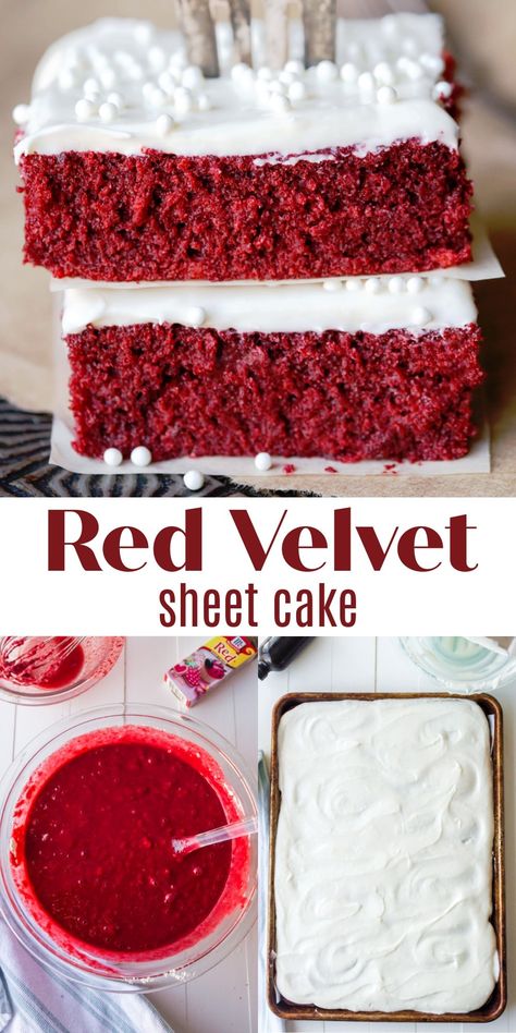 Easy red velvet cake recipe! This simple sheet cake recipe is ready in no time! Red Velvet Cake Bars, Red Velvet Sheet Cake Recipe, Sheet Pie, Red Velvet Sheet Cake, Blondies Bars, 4th Desserts, Dreamsicle Cake, Red Velvet Cake Recipe Easy, Homemade Red Velvet Cake