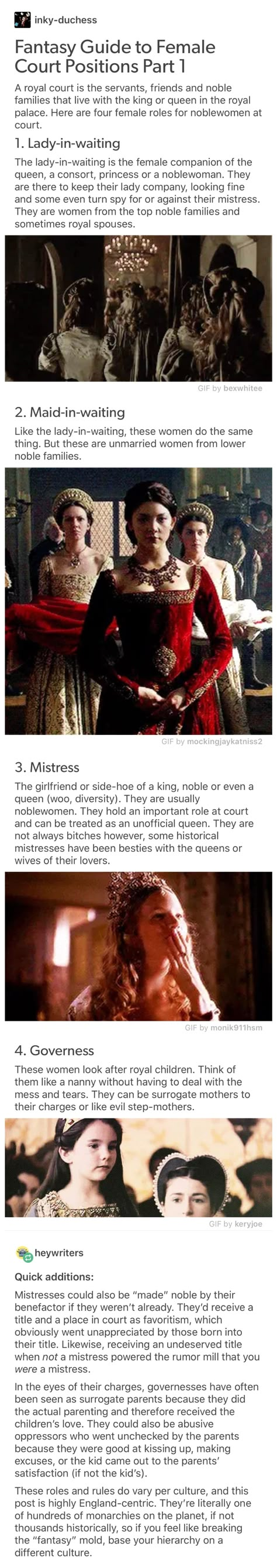 Matriarchy; Type A, Duchess, Lady in waiting; Maiden; Empress; Madame; Matron; Mistress; Governess How To Feel Like An Empress, Halfborn And Mallory, Royalty Story Ideas, Royalty Art Reference, Fantasy Monarchy, Opening Scene Ideas, Royalty Story Prompts, Royalty Writing Tips, Writing Royalty Tips