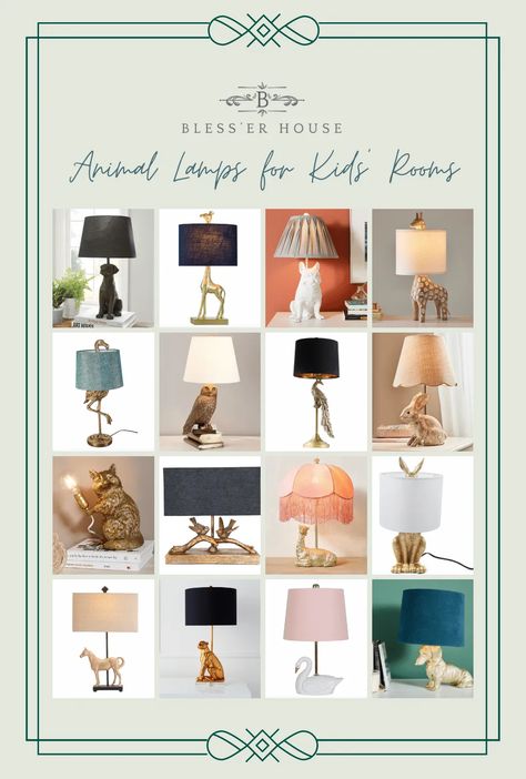 Where to find animal lamps for whimsical lighting in kids' rooms with 40+ designer lamp styles and budget-friendly look-alikes. Lamp For Nursery Boy, Kids Bedside Lamp, Whimsical Lamps, Blesser House, Whimsical Lighting, Animal Lamps, Thrift Decor, Giraffe Lamp, Lamp Styles