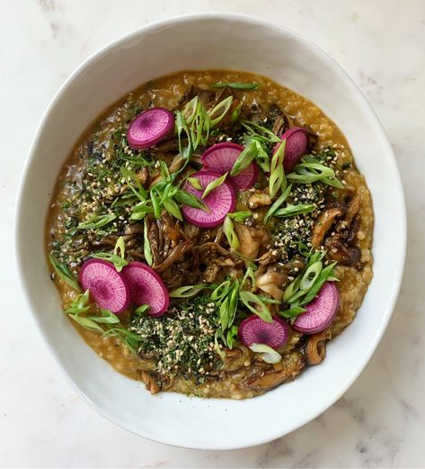 Healing Mushroom Congee with pickled radish and sesame — Gabe Kennedy Mushroom Congee, Savory Porridge, Pickled Radish, Mushroom Broth, Pickled Radishes, Long Grain Rice, Sauce Pot, Easter Dinner, Radishes