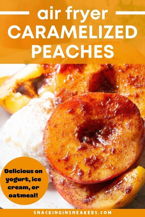 A close up of an air fryer peach that's been cooked and severed over ice cream. Air Fryer Fruit Recipes, Air Fryer Peaches Recipes, Air Fryer Peaches, Peach Air Fryer Recipes, Air Fryer Grilled Peaches, Peaches Air Fryer, Dehydrated Peaches In Air Fryer, Airfryer Peaches, Air Fried Peaches Healthy