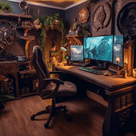 Rustic Pc Setup, Fantasy Office Aesthetic, Dark Academia Office Desk, Dark Academia Gaming Setup, Dark Academia Home Office, Gaming Office Ideas, Dark Office Aesthetic, Academic Office, Cozy Home Office Ideas