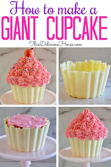 Complete instructions on how to make a Giant Cupcake Cake with a sprinkle piñata surprise and hard shell cupcake liner. Don’t miss this sprinkle surprise cupcake cake pan tutorial that includes a cake truffle cherry on top! #giantcupcake #cupcakecake Oversized Cupcake Smash Cake, Wilton Cupcake Cake Pan, Giant Cupcake Cake Ideas, Large Cupcake Cake Ideas, How To Make A Cupcake Cake, Call Cupcakes, Big Cupcake Cake Ideas, Cupcake Shaped Cake, Jumbo Cupcake Ideas