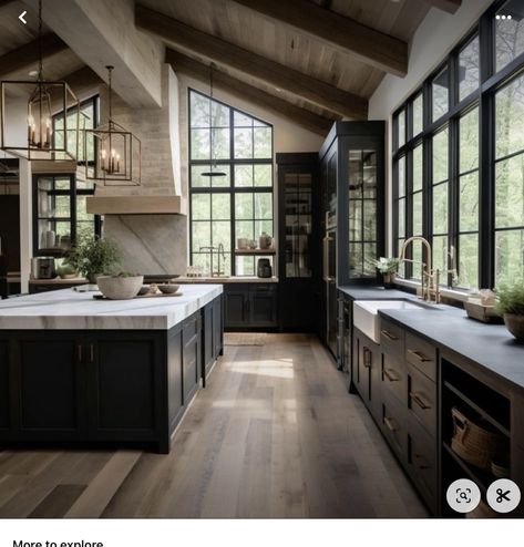 Wine Country Homes, Katy Hearn House, Rustic Wooden Kitchen Cabinets, Luxury Mountain Kitchen, Kitchen With Window Wall, Kitchen Ideas Black And Wood, Black Windows Interior Modern, Barndo Kitchen Ideas, Barnhouse Homes