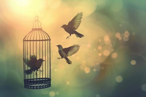 Photo little birds escape out of birdcag... | Premium Photo #Freepik #photo Bird Flying Out Of Cage Drawing, Fish In A Birdcage, A Bird In A Covered Cage Aesthetic, Bird Free From Cage Freedom, Birds Flying From Cage Freedom, Bird In Cage, Bird In A Cage, Fly Free, Conceptual Photography