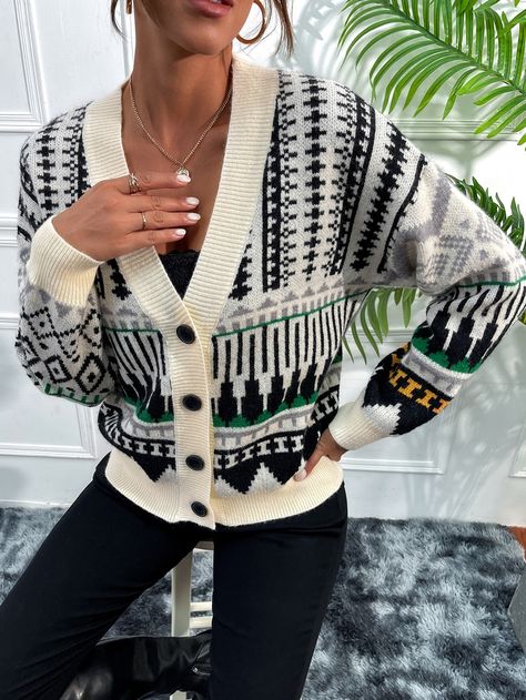 Multicolor Casual  Long Sleeve Acrylic Geometric Cardigan Embellished Medium Stretch Spring/Fall Women Knitwear Geometric Cardigan, Shoulder Cardigan, Pattern Cardigan, Drop Shoulder Cardigan, Patterned Cardigans, Chevron Pattern, Knitwear Women, Spring And Fall, Cardigans For Women