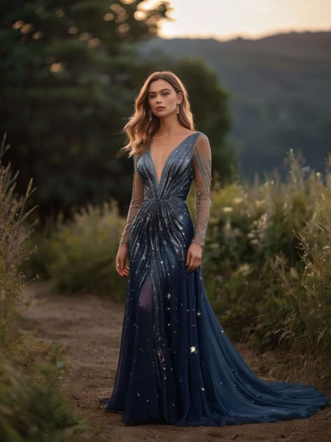 Feyre Starfall Gown, Night Court Prom Dress, Star Fall Dress Acotar, Feyre Inspired Wedding Dress, Feyre Blue Dress Acotar, Navy Blue Fantasy Dress, Acotar Ball Outfits, Night Court Costume, Starfall Dress Feyre