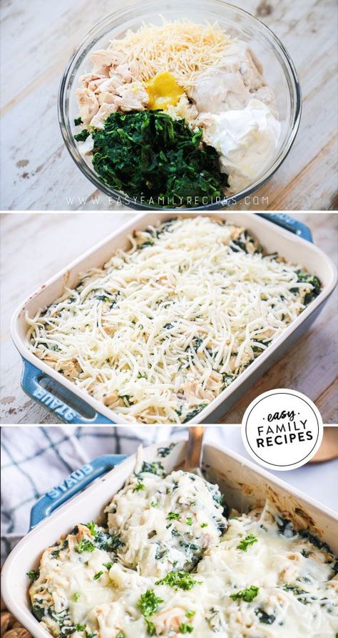 This super easy casserole is perfect for busy week nights! Made with shredded chicken or rotisserie chicken, you can have it prepped and in the oven in minutes. Packed with tender chicken, wholesome spinach and flavor packed cheese, this casserole doesn't disappoint! Easy Shredded Chicken Dinner, Shredded Chicken Dinner, Casseroles For Dinner, Shredded Chicken Casserole, Chicken And Spinach Casserole, Chicken Spinach Recipes, Chicken Florentine Casserole, Easy Shredded Chicken, Chicken Florentine