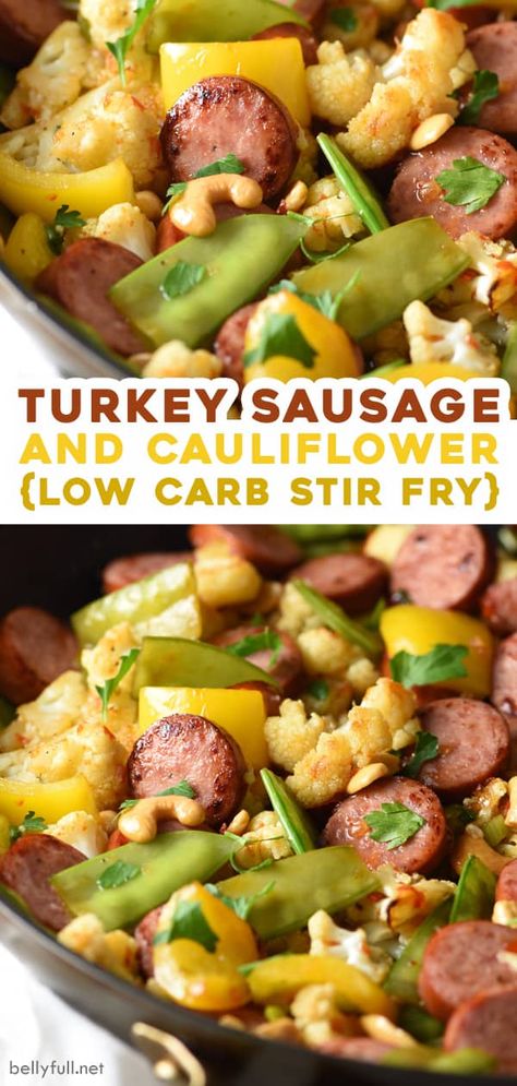 This Turkey Sausage and Cauliflower Stir Fry recipe is an easy and delicious 30-minute skillet dinner, perfect for busy weeknights! Healthy and low carb, too! Sausage And Cauliflower, Turkey Kielbasa Recipes, Sausage Stir Fry, Turkey Sausage Recipes, Cauliflower Stir Fry, Kielbasa Recipes, Paleo Crockpot, Stir Fry Dishes, Turkey Sausage