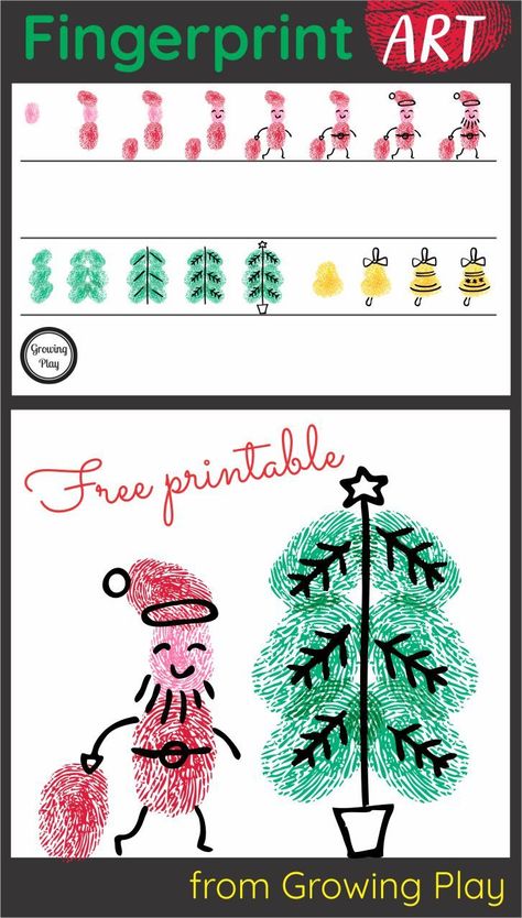 I love fingerprint art! It is so simple to create and cute. This FREE Christmas fingerprint art printable includes the step by step directions to create a fingerprint Santa, Christmas tree, and holiday bell. Download the free printable at the bottom of the post. Christmas Fingerprint Art, Christmas Fingerprint, Family Christmas Crafts, School Christmas Gifts, General Gift Ideas, Fingerprint Cards, Thumbprint Art, Fingerprint Crafts, Wonderland Christmas