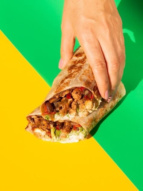 Burrito Photography, Food Art Photography, Food Photoshoot, Food Graphic Design, Colorful Background, Wrap Recipes, Food Poster, Burritos, Food Truck