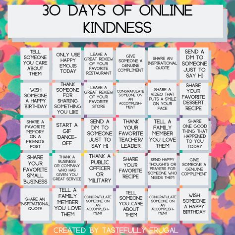 30 Days Of Kindness, Compliment Quotes, Kindness Calendar, Journal Prompts For Teens, Kindness Challenge, Love Diary, Gratitude Challenge, Counseling Office, Self Care Bullet Journal