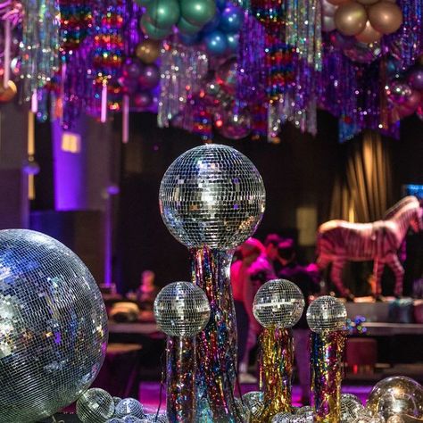 Bejeweled Theme Party, Jewel Themed Party, Disco Formal Theme, Colorful Disco Party, Disco Party Centerpiece Ideas, Disco Prom Theme, Disco Night Theme Party, Disco Tablescape, Retro Theme Party Decoration