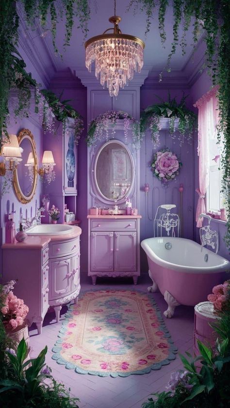 Awesome Bathroom Ideas, Pink And Purple Bathroom, Lilac Bathroom, Purple Interior Design, Vibrant Bathroom, Pastel Bathroom, Lavender Bathroom, Girly Bathroom Ideas, Purple Bathroom