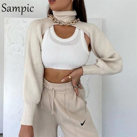 4d6e4749289c4ec58c0063a90deb3964desc51212142ri Cropped Knitted Jumper, Super Crop Top, Casual Turtleneck, Clothing Aesthetic, Cutout Sweater, Ootd Inspo, Cropped Knit Sweater, Cropped Pullover, Cover Beachwear