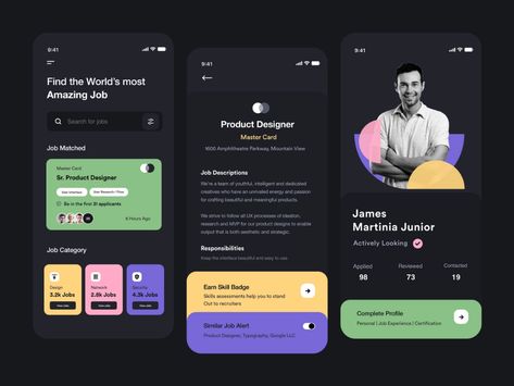 Dark Job UI by DStudio® on Dribbble Design Career, App Design Inspiration, Dark Mode, Mobile App Ui, Ui Design Inspiration, App Ui Design, Design Jobs, Mobile App Design, Mobile Ui