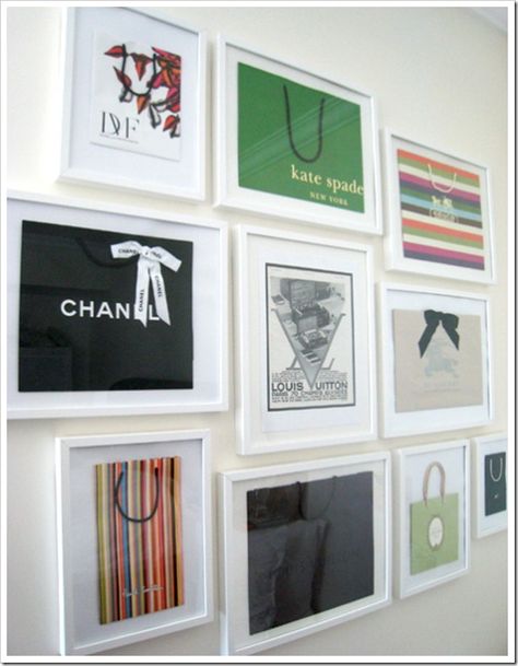 Framed shopping bags. Decor for your closet. - Wow, that's creative... I'm not sure I'll ever have a closet big enough to decorate,  but I do think this is a cool idea! Framed Shopping Bags, Girl Bedrooms, Closet Decor, Makeup Room, Decoration Inspiration, Decor Guide, My New Room, Shopping Bags, Decorating Tips