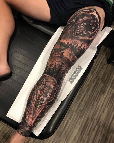 Bear Leg Sleeve Tattoo, Full Leg Sleeve Tattoos For Guys, Wolf Leg Tattoo, Leg Sleeve Tattoo Men, Leg Tattoo Men Sleeve, Lower Leg Tattoos For Men, Shin Tattoo Men, Bicep Tattoo For Guys Inner, Leg Sleeve Tattoo Male