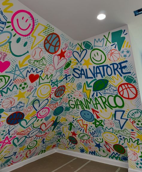 Only a few weeks left of sleep-away camp so now’s the time to surprise your kids with a new mural! 😱 Spray painted graffiti mural? Wallpaper? We’ve got you covered!!    How awesome would it be to come home to a new wall in your bedroom or playroom! Contact us for more info!     Which swipe is your favorite?! 🤩 Graffiti Interior, Graffiti Murals, New Wall, Spray Paint, Mural Wallpaper, Wall Painting, Kids Room, Graffiti, Mural