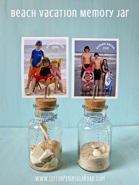 Make It: Beach Vacation Memory Jar using sand or shells and a Vaction photo | Left on Peninsula Road Beach Memory Jars, Sand Photos, Memory Jar Graduation, Beach Jar, Beach Keepsakes, Beach Souvenirs, Memory Jars, Memory Jar, Travel Keepsakes